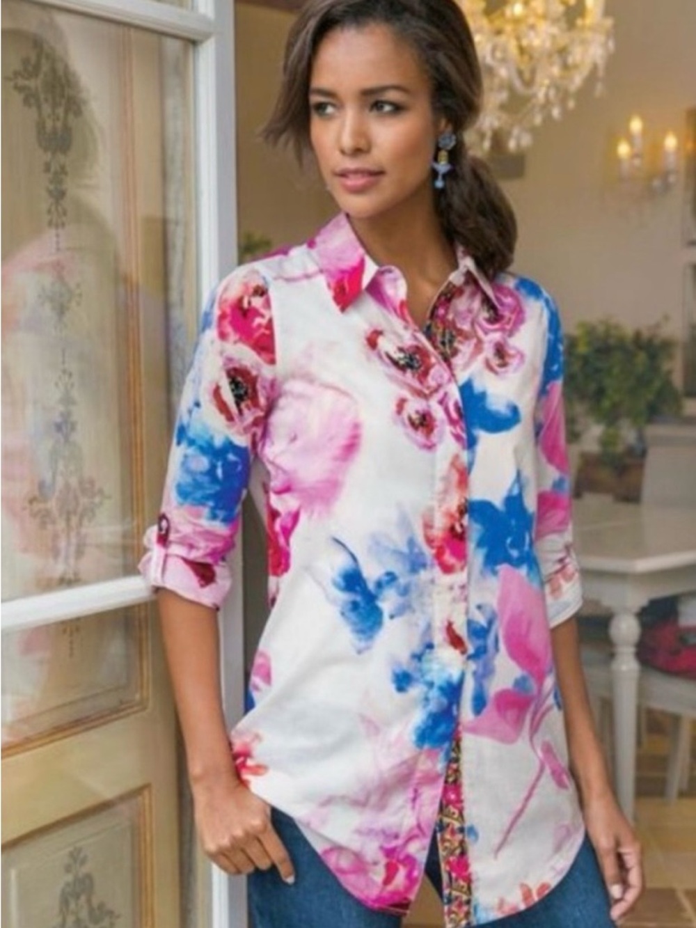 Soft Surroundings Pink & Blue Floral Embroidered Watercolor Button-Down Sz 2X